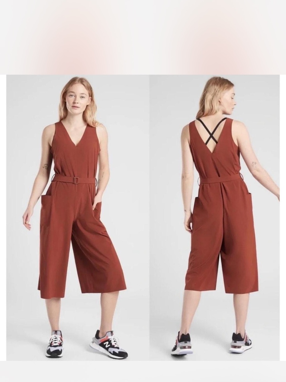 Sleeveless V-Neck Wide-Leg Athleta Sarasota Jumpsuit in Rust Red NWT